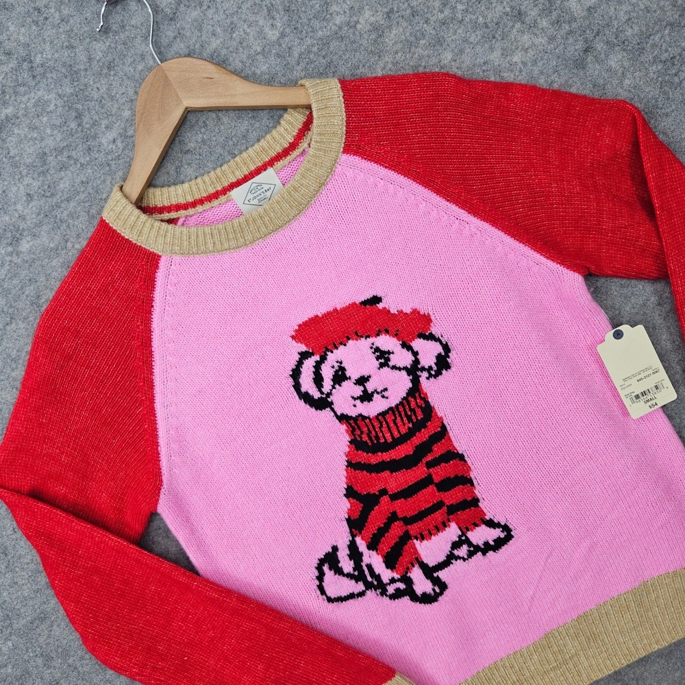 NEW St Johns Bay Pink Dog Sweater Women's Small Pink Red Graphic Knit Raglan NWT
